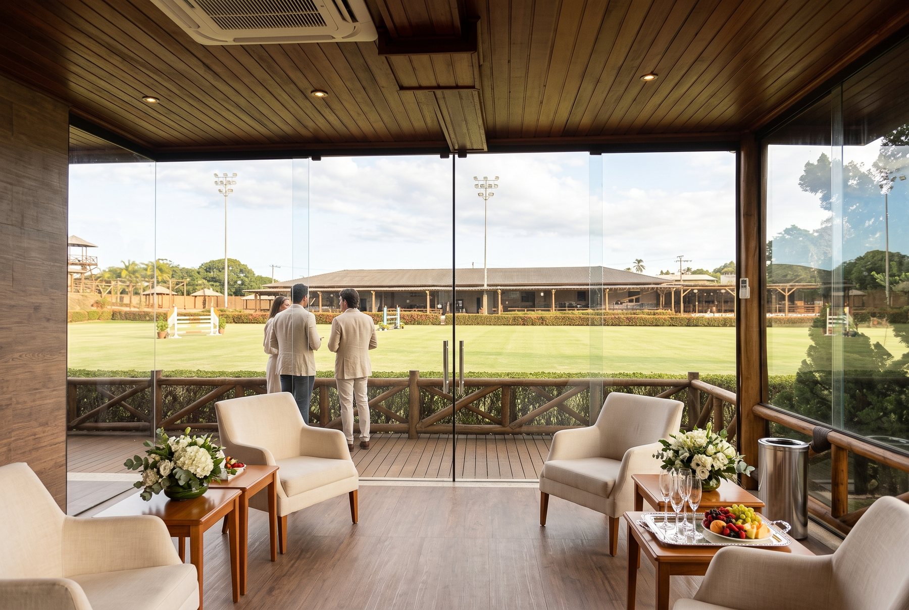 Lounge de vidro do Sítio Chuin preparado para receber convidados, com vista para a pista
